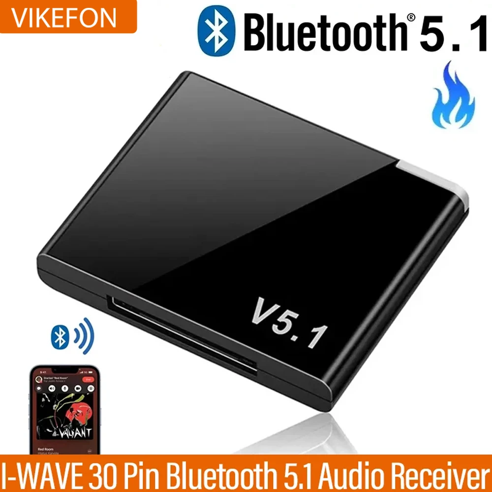 VIKEFON I-WAVE 30 Pin Bluetooth 5.1 Audio Receiver A2DP Music Mini Wireless Adapter For iPhone iPod 30Pin Jack Analog Speaker