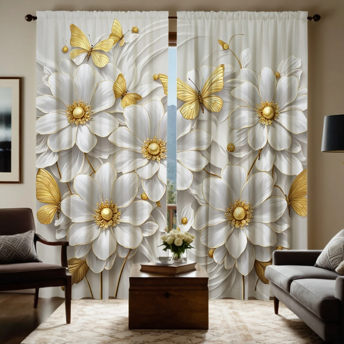 2-piece HD digital white Tie Gold butterfly flower curtain Home decoration style decoration living room bedroom wear rod curtain