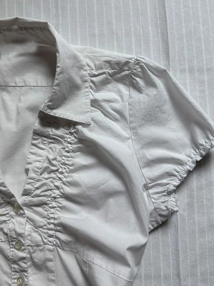 

Original Retro White irt Women's Summer 2025 New Design Pleated Waist Cinching Top Cotton Blend ort Sve Casual irt