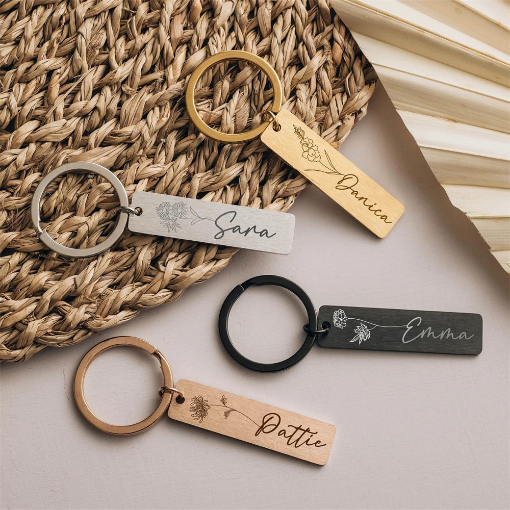 Custom Name Birth Flower Keychain Anniversary Gift for Women Personalized Letters Stainless Steel Keyring BFF Jewelry Girls