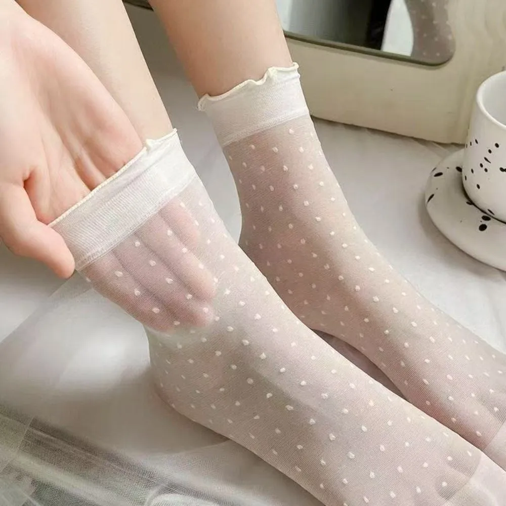 Sweet Ruffled Edge Lace Transparent Socks Ice Silk Summer Mesh Thin Socks Lolita Pile Up Mid Tube Socks Girls