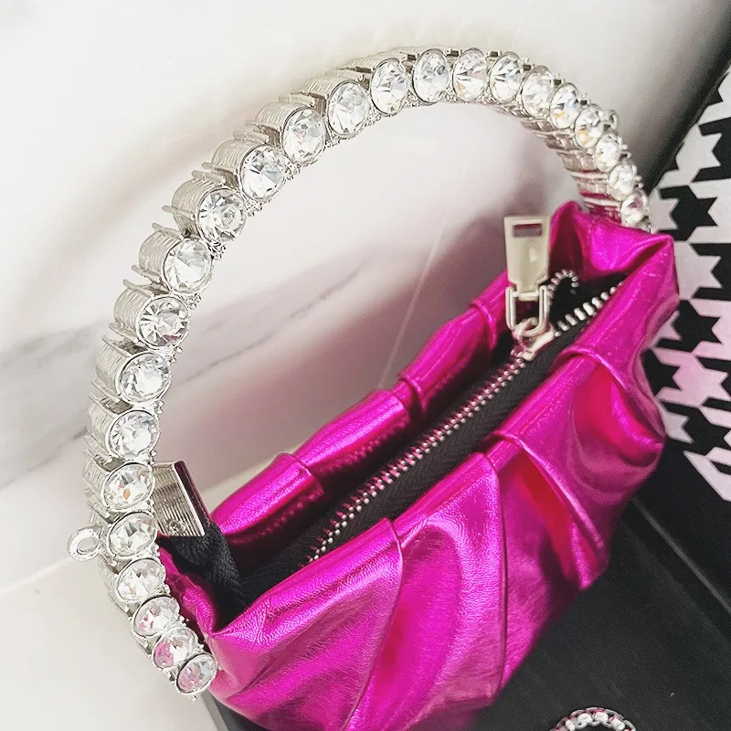 Summer Diamond Circular Handbag Women\'s Luxury Crossbody Chain PU Banquet Bags Blingbling Mini Evening Bags Bolso Azul Pink