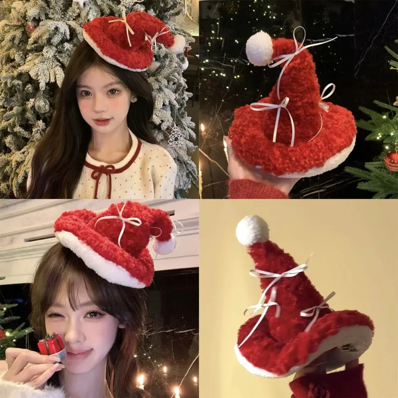 

Christmas Red Furry Hat Hairpin Bow Clip Instagram Blogger The Same Y2K Kawaii Network Red Atmosphere Decoration Photo Props New