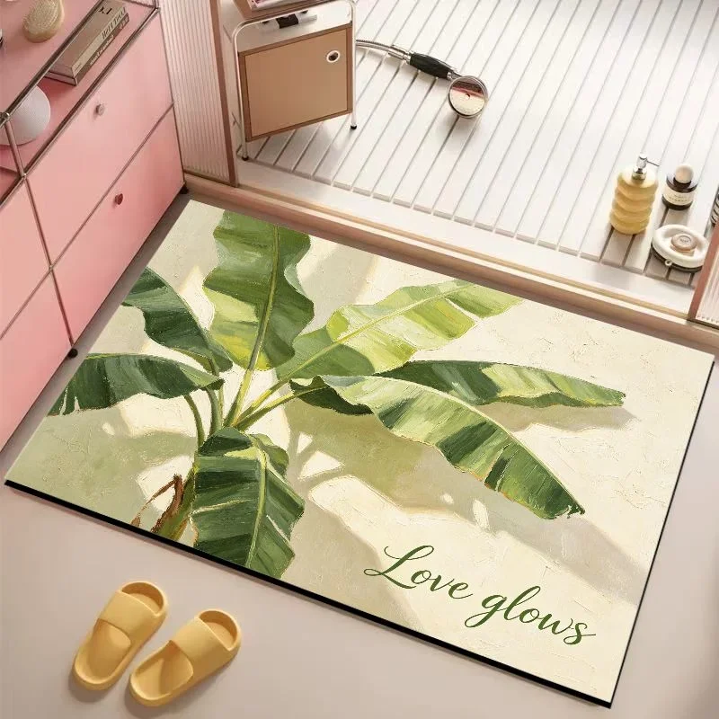 VIKAMA Oil Painting Banana Leaf Bath Mat Non Slip Water Absorbent Bathroom Floor Rug Fresh Botanical Shower Entryway Decor Mat