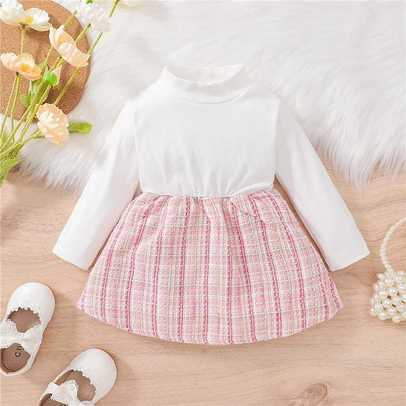 Baby Girl Party Elegant 2Pcs Outfits, Plaid Long Sleeve Buttons Outwear + Patchwork Mock Neck Dress Set for Toddler, 3-24Months