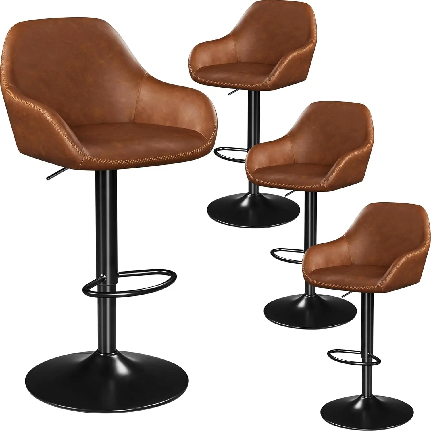 

Set of 4 Adjustable Bar Stools, PU Leather Swivel Counter Height, with Backrest and Footrest, Retro Brown