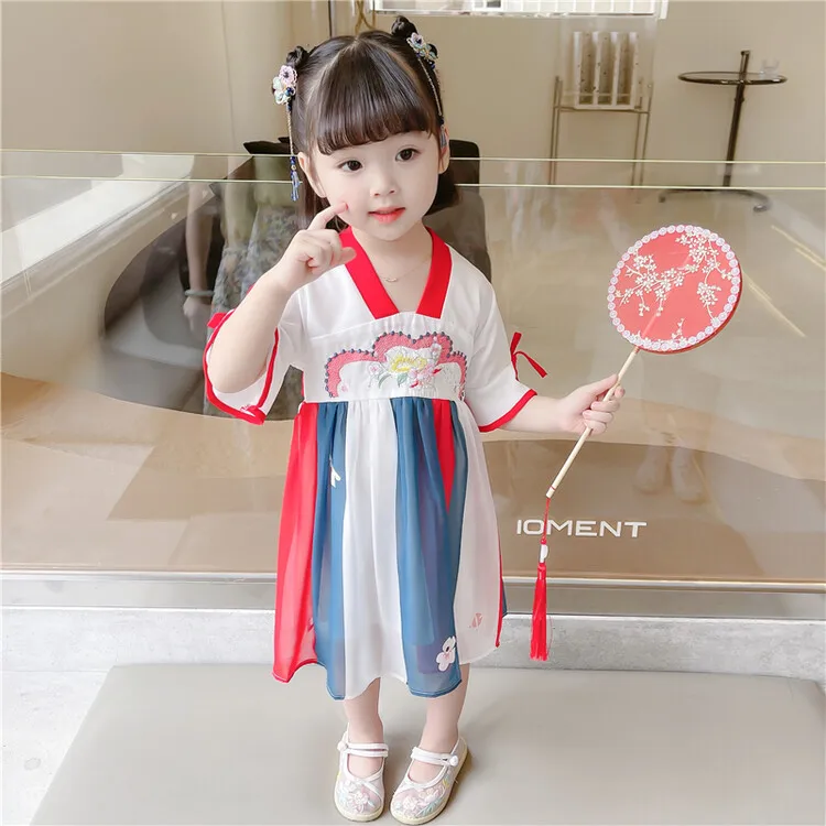 

Summer New Girls Short Sleeve Perform Costumes Tang Suit Kids Chinese Lovely Han Fu Children Embroidery Traditional Dress