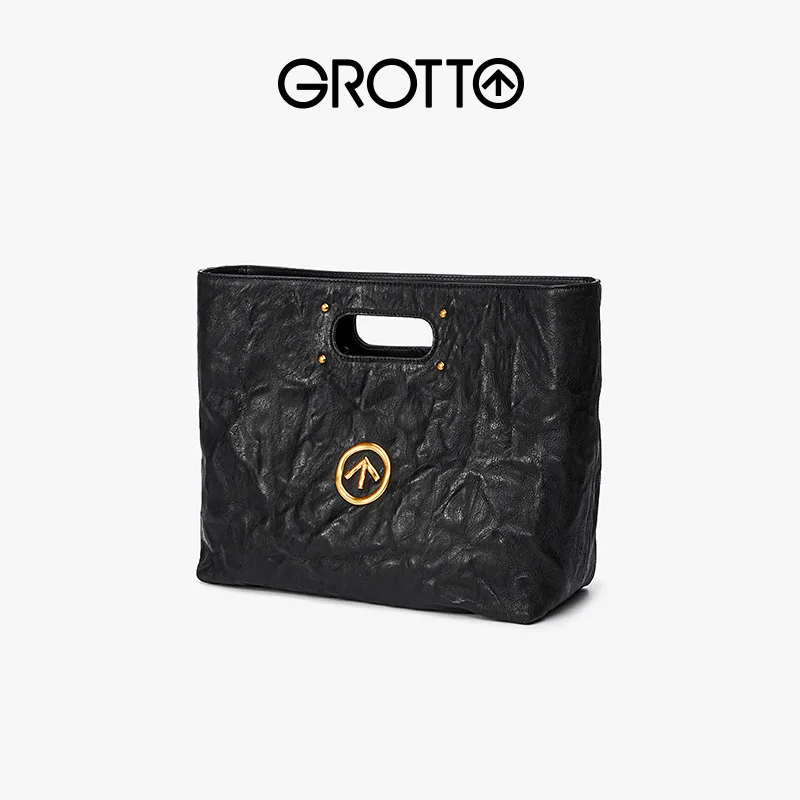 GROTTO Black Stone CARRY Italian Sheepskin Trendy Large Capacity Tote Bag Lightweight and Portable