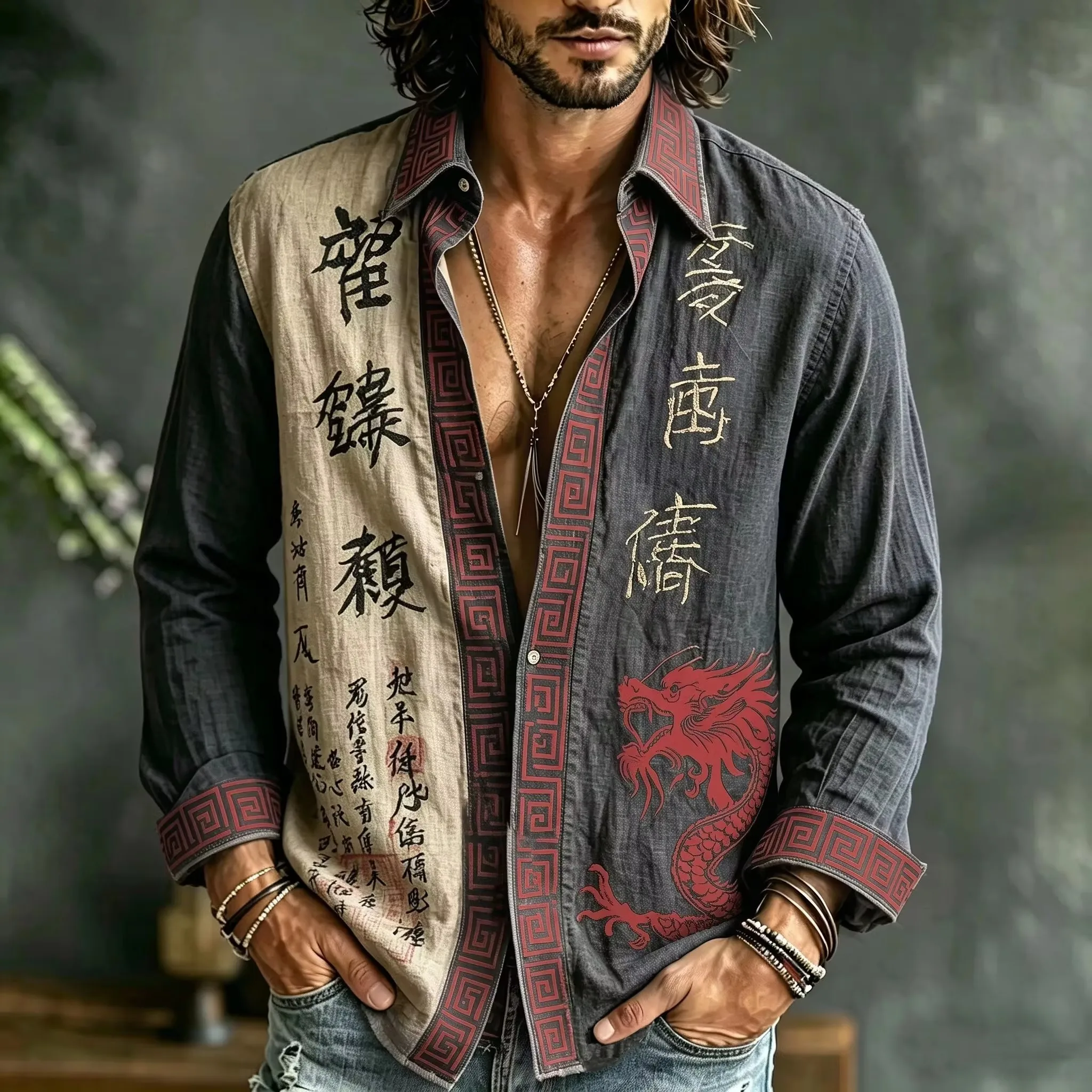 New men's linen long sleeved shirt, featuring a blue-green and pink geometric print design style, with a loose oversized collar