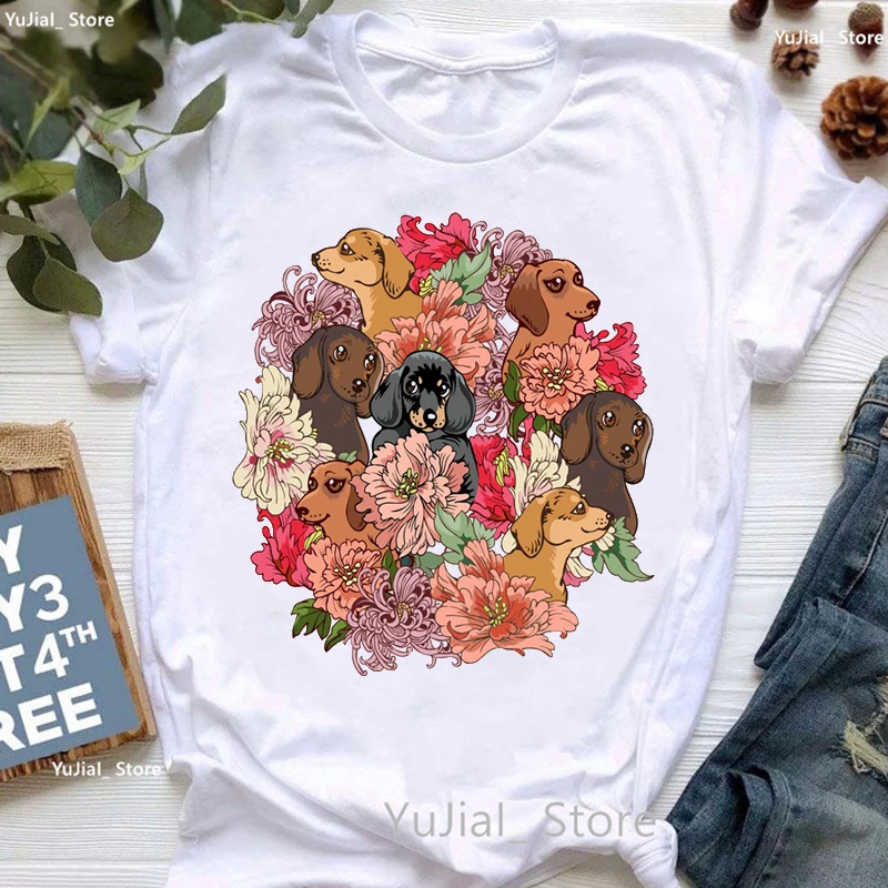 

Dachshund Flowers Print T Shirt Women Clothes 2024 Lovely Dog Lover Tshirt Girls Summer Fashion Tops Tee Shirt Femme Streetwear