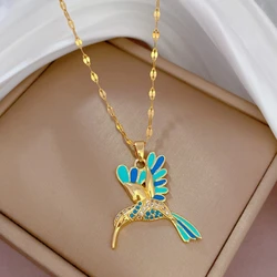Stainless Steel Blue Hummingbird Pendant Necklace For Women Girls Fashion Clavicle Chain Choker Aesthetic Jewelry Birthday Gifts