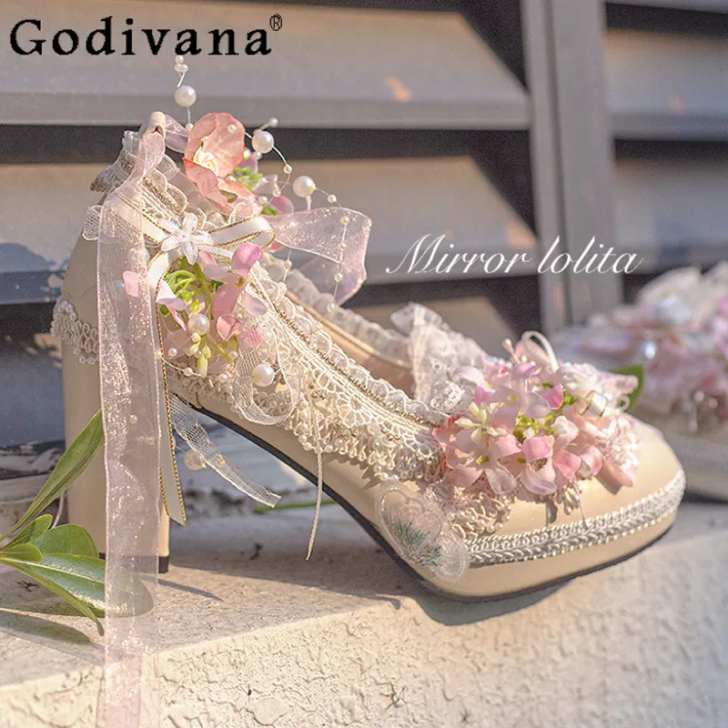 

CLA Series Elegant Japanese Original Lolita Flower Wedding High Heels Round Head Thick Heel Lace Bow Sweet Women High Heels