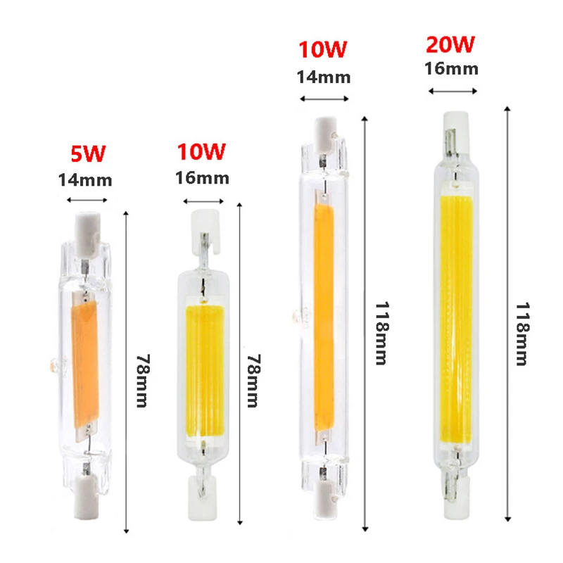 Ampoule LED COB à tube de verre R7S, 78mm, 118mm, haute puissance, 5 W, 10 W, 20W, lampe de maïs R7S, remplacer la lumière halogène, AC 110V, 220V