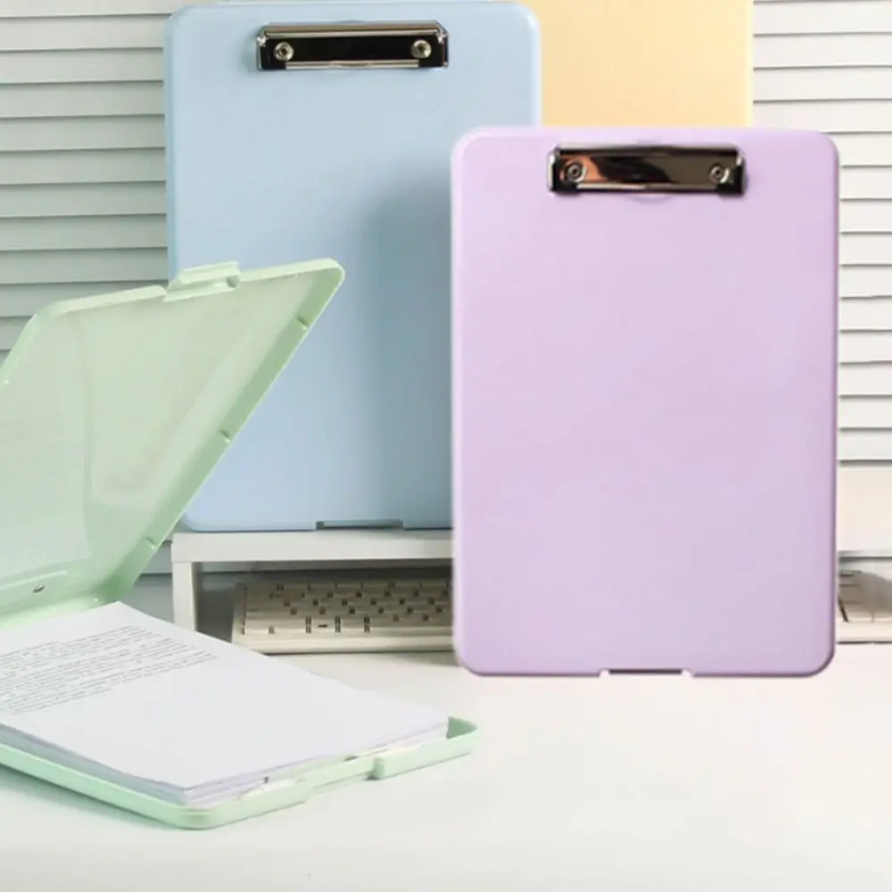 Vertical Opening A4 File Folder Plastic Candy Color Test Paper Storage Box with Metal Clip Writing Board Clipboard Writing Pad