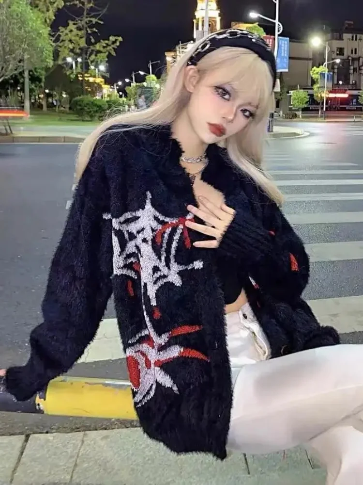 QWEEK Gothic Y2k Black Spider Web Printed Cardigans Women Harajuku Punk Goth Dark Emo Sweaters Grunge Knitted Tops Autumn Winter