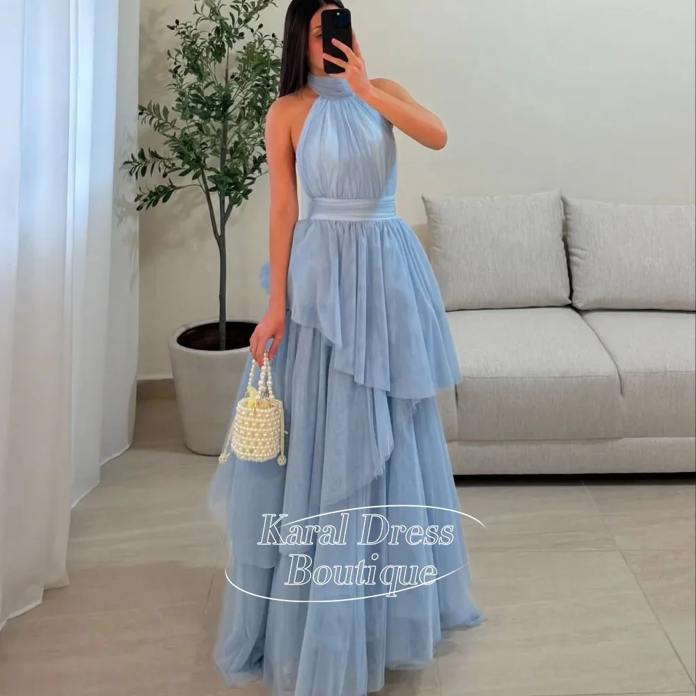 Vestidos de fiesta sin mangas con cuello Halter, vestidos de fiesta hasta el tobillo, personalizados, multicapa, de tela de malla