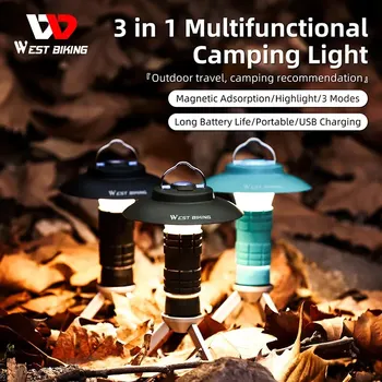 WEST BIKING 휴대용 캠핑 조명, 다기능 야외 LED 손전등, USB 충전 비상 램프, 걸이식 텐트 조명, 3 in 1