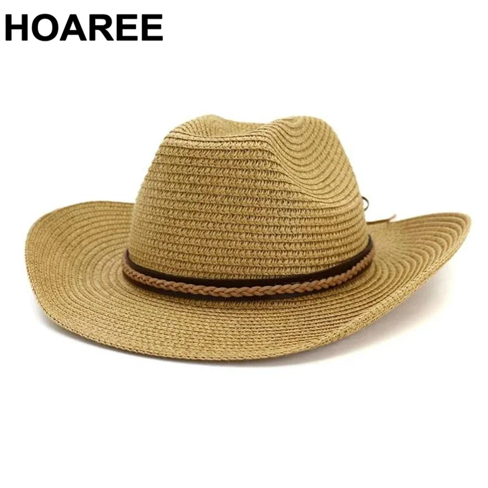 

HOAREE Beige Cowboy Hat Women Men Summer Straw Sun Hat Wide Brim Sombrero 2024 New Arrival Cowgirl Straw Cap