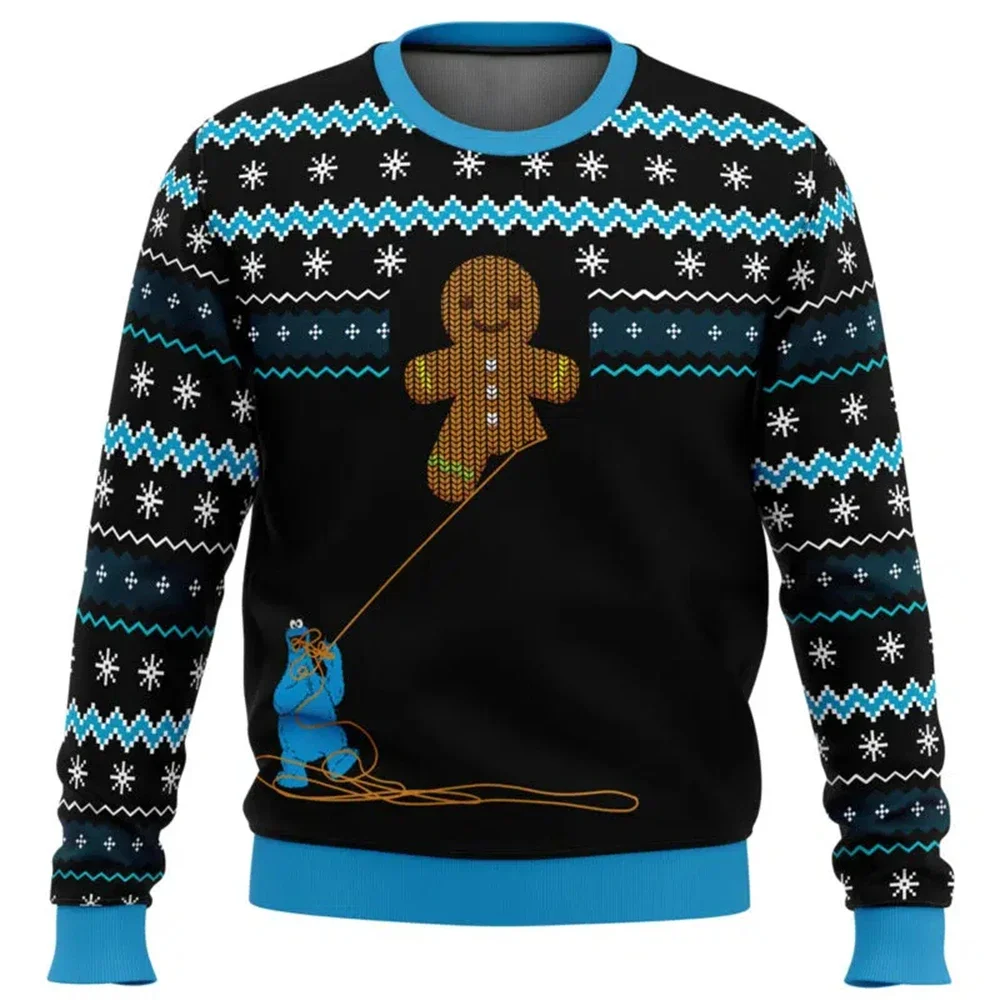 Gingerbread Cookie Monster Ugly Christmas Sweater Men Women Pullover Round Neck Long Sleeve Christmas Clothing Sweatshirt