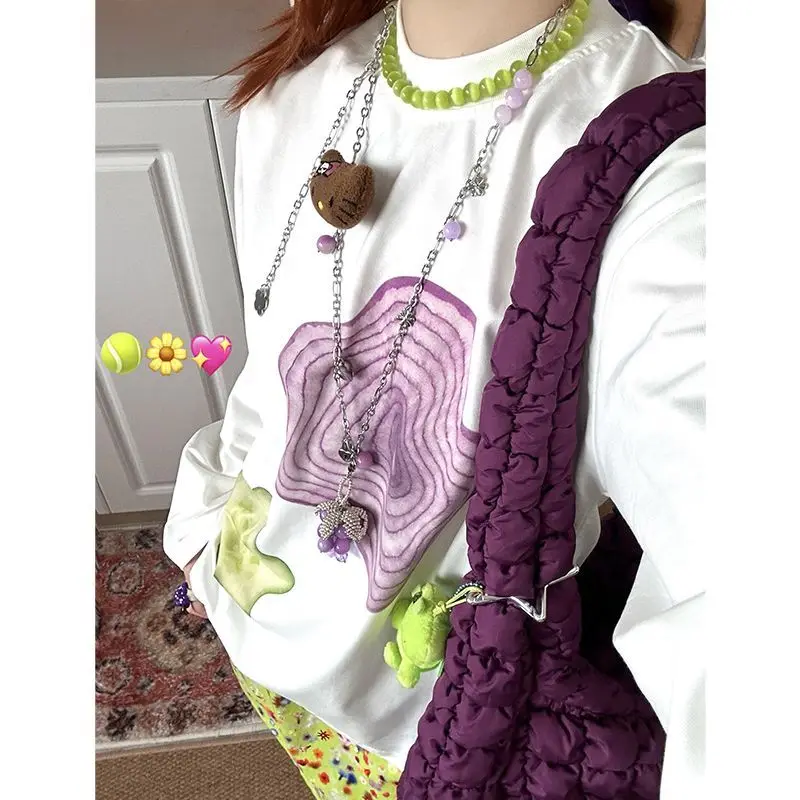 Japanese Cute Lazy Style Onion Cucumber Print Pure Cotton Long Sleeved T-shirt Women Spring Summer New Loose Base Top