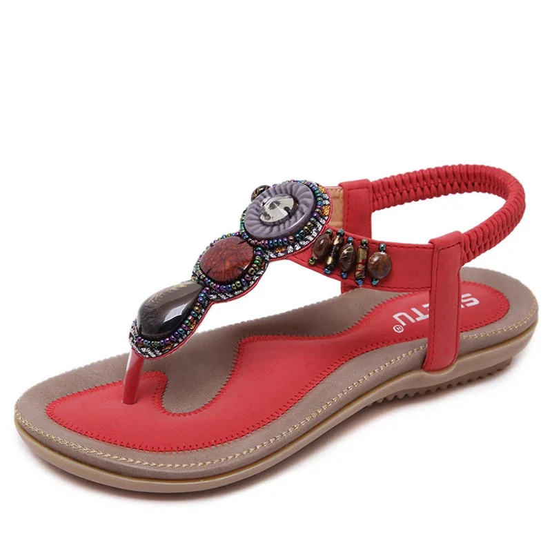 Summer Fashion Retro Beaded Jeweled Sandals Women Beach Flat Heels Extoic Sweet T-strap Shoes Clip Toe 42