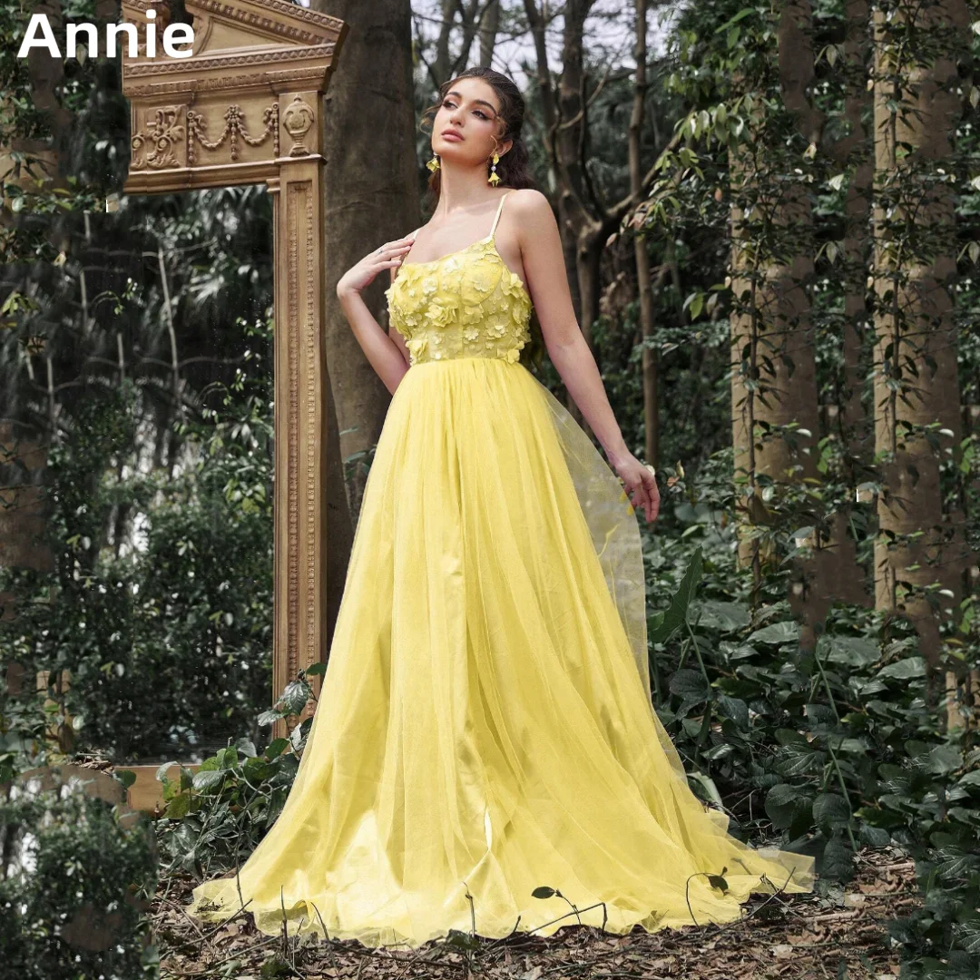 

Annie Sweetheart Yellow Prom Dresses 3D Applique Glitter Tulle Evening Dresses Ladies Formal Wedding Party Dress فساتين سهرة