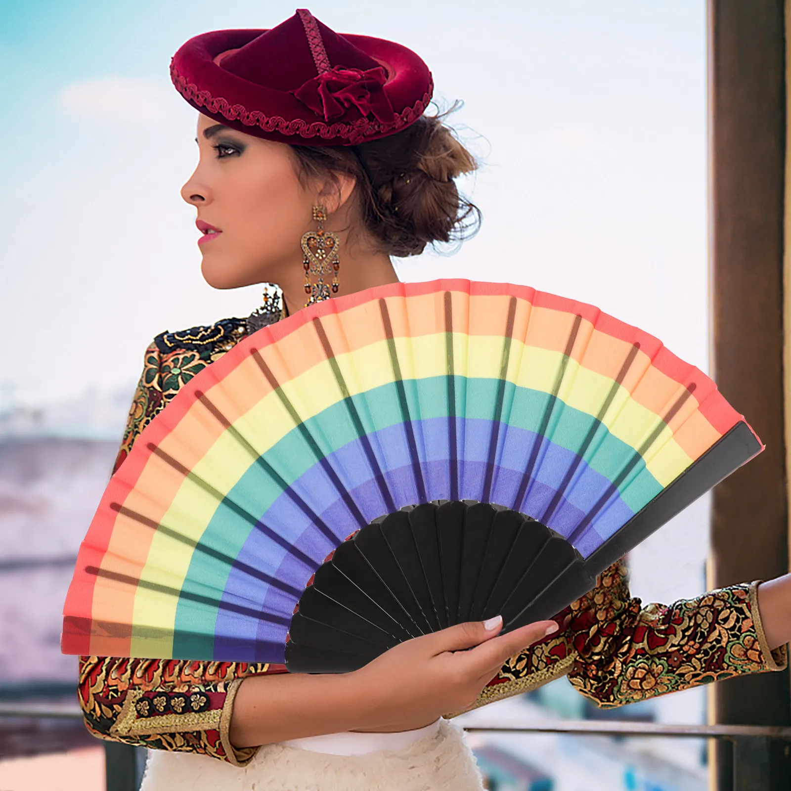 

Colorful Rainbow Folding Fans Handheld Dance Props Wedding Church Party Decorations Durable Stage Performance Accessories