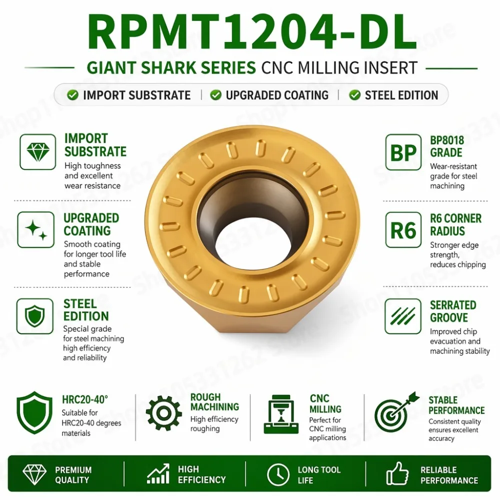 RPMT1204-DL Carbide Round Milling Insert R6 BP8018 for Mild Steel P20 45 Steel Q234 Spring Steel
