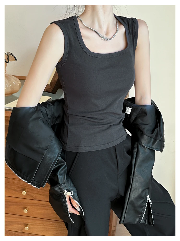Solides ärmelloses Tanktop für Damen, Sommer-Basic-Top mit dehnbarem, quadratischem Ausschnitt, sexy schulterfreies Top – Detail 7