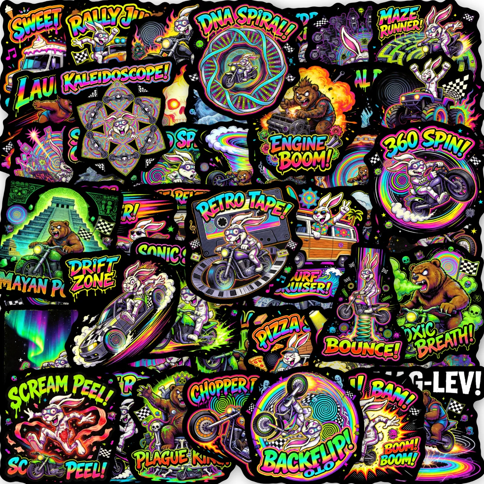 50Pcs Colorful Punk Animal Graffiti Stickers, Rabbit Bear Racing Waterproof PP Decals for DIY Decor