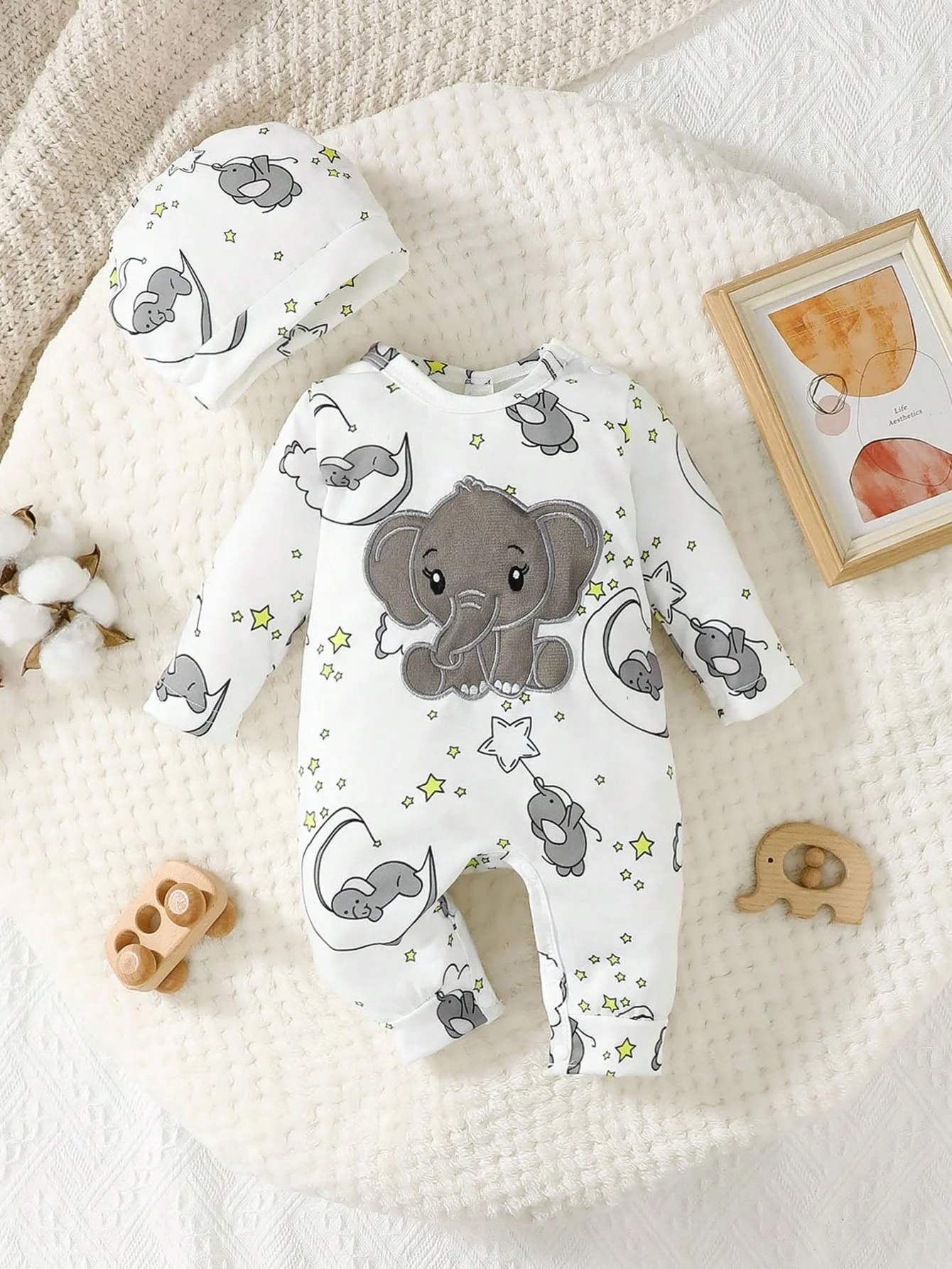 2pcs Baby Cute Cartoon Elephant Pattern Embroidery Long Sleeve Romper With Hat