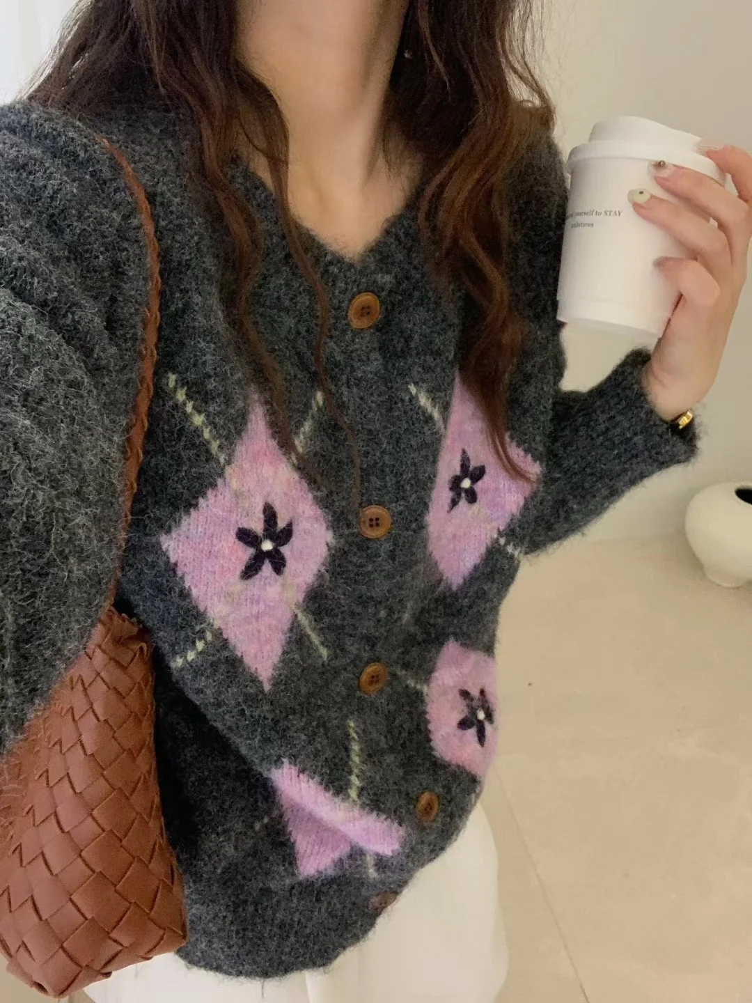 

Retro Korean Knitted Open Cardigan Women's Loose Lazy Sle Sweater Jaet Top Diamond Pattern Long Sve Soft Fabric