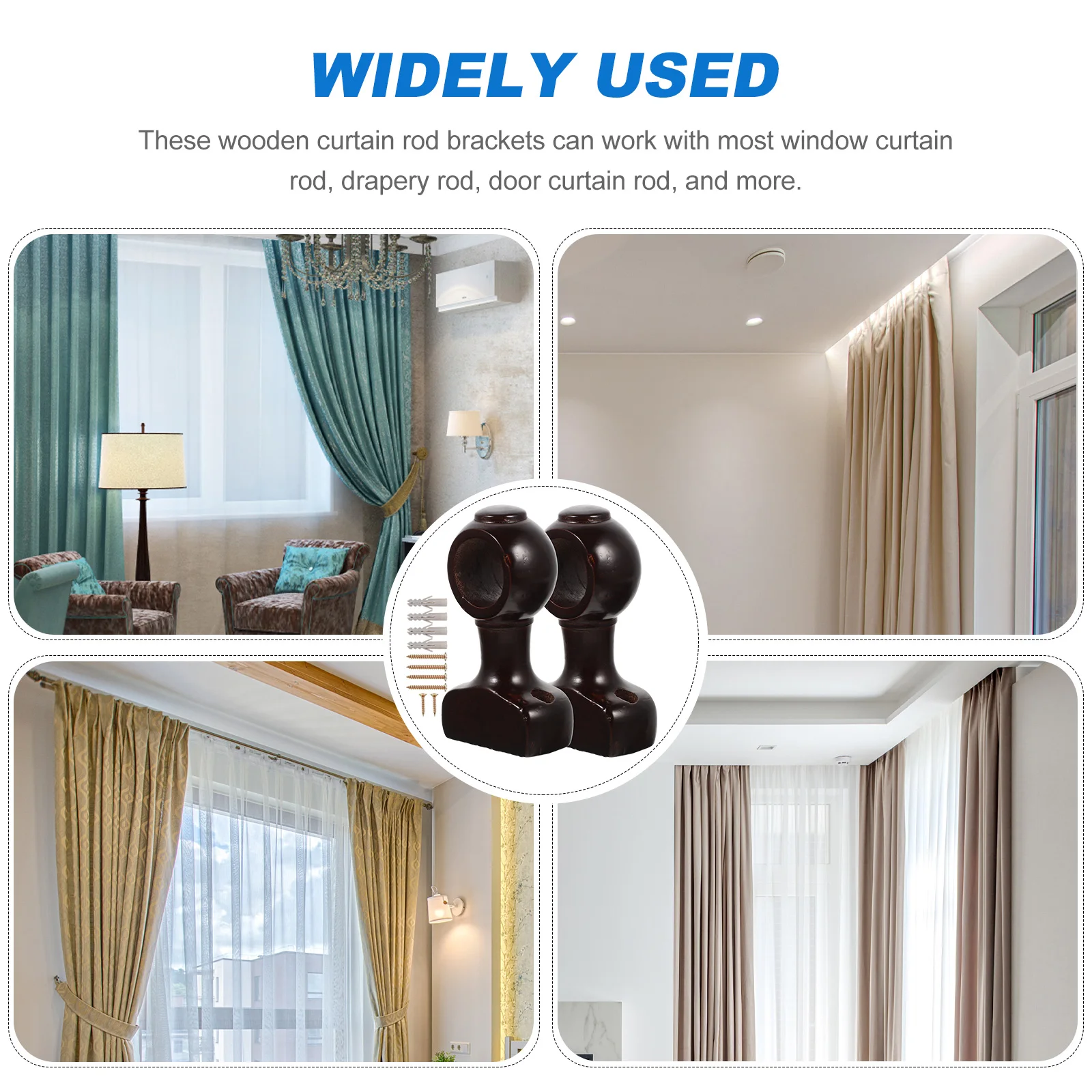

2pcs Wooden Curtain Rod Bracket Wall Mount Support Rack For Drapery Pole Holder Easy Install Decorative Home Hardware