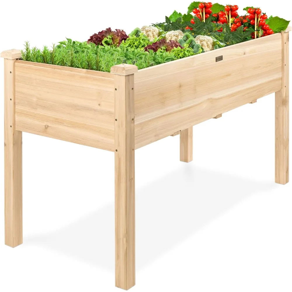 

48x24x30in Raised Garden Bed, Elevated Wood Planter Box Stand for Backyard, Patio, Balcony w/Bed Liner, 200lb Capacity - Natural