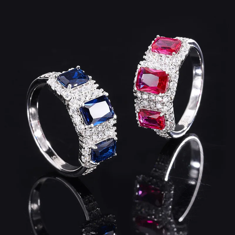 

New S925 All over Silver Tiktok Hot Sale Color Treasure 5 * 7 Square Fashion Vintage Row Ring