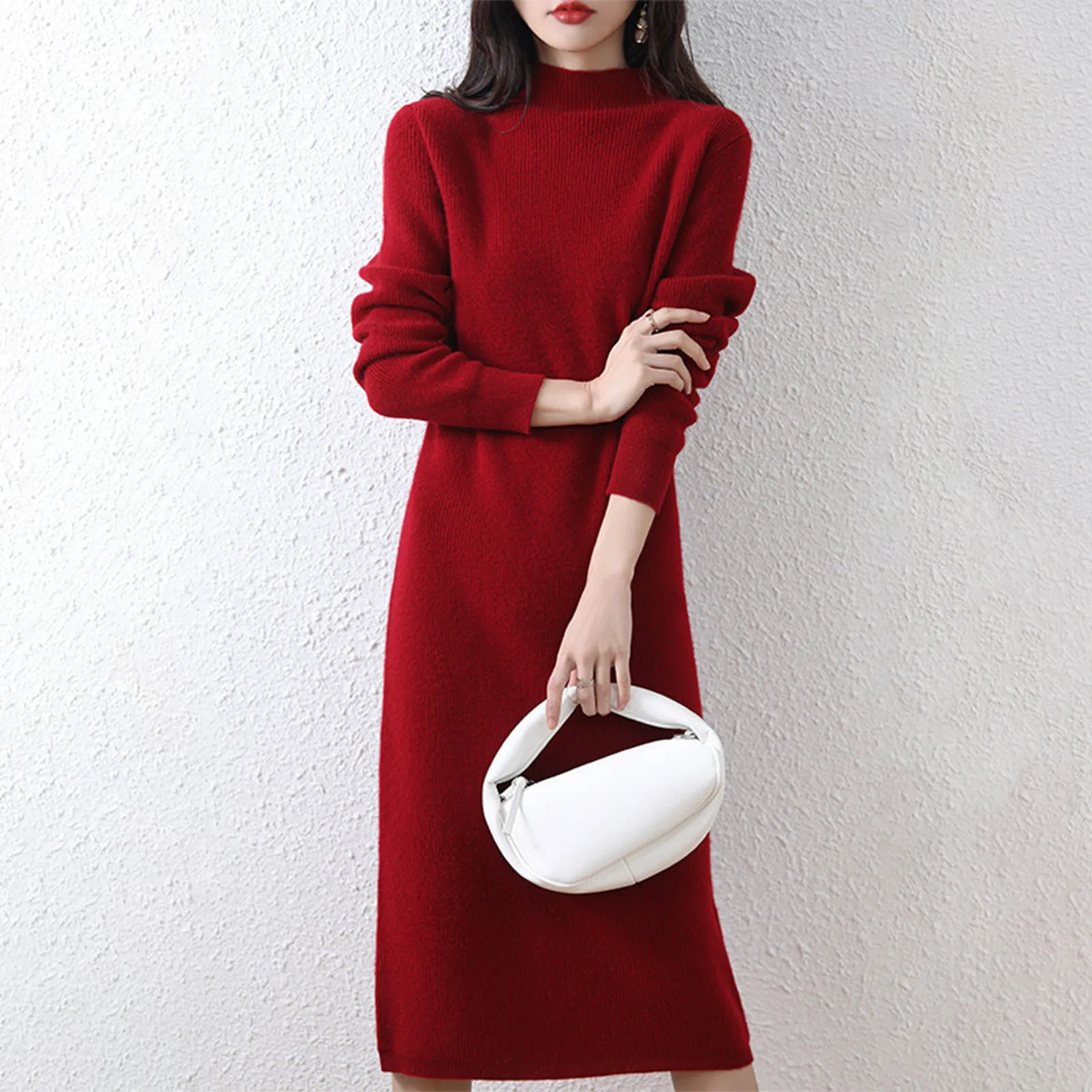 Women\'s Sweater Dress Half High Collar Wool Knitted Dress Solid Color Long Sleeve Sweater Long Dress