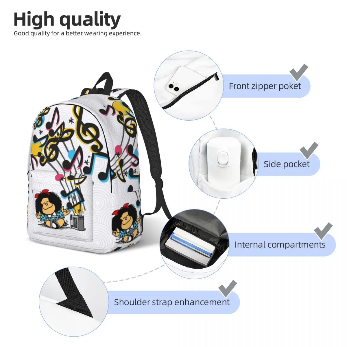 Mafalda Music Vintage Backpack for Boy Girl Kids Student School Book Bags Daypack Preschool Kindergarten Bag Outdoor