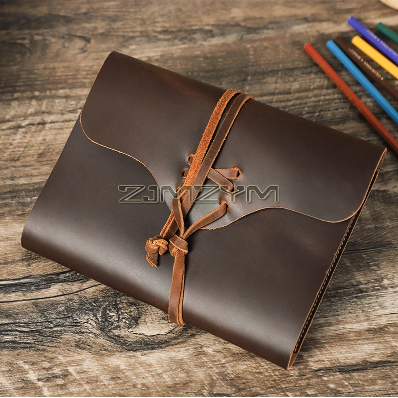 Leather Journal Cover for A5 Hardcover Notebook, Envelope Style Handmade Leather Notebook Protective Cover Case, Strap Closure