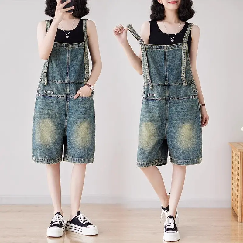 

Large Size Women's Denim Overall Pants Playsuits 2023 New Big Pocket Strap Shorts Loose And Slim Jeans Jumpsuits Z2041