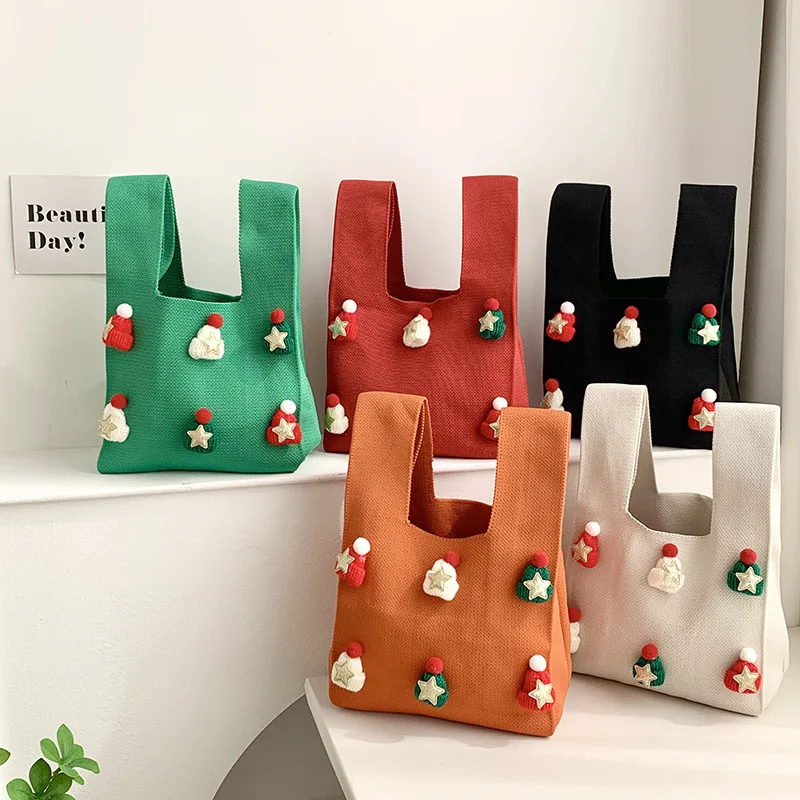 2024 New Knitted Mini Tote Bag Fashion Solid Color Christmas Gift Bag Cute Hat Three Dimensional Decoration Open Handbag