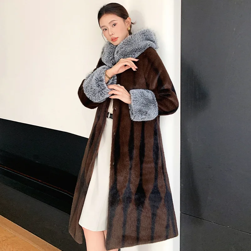 2025 Cross Mink Fur Coat Extended Autumn and Winter Thick Women's Mink Fur Fox Fur Collar Hooded Knee High New Jacket