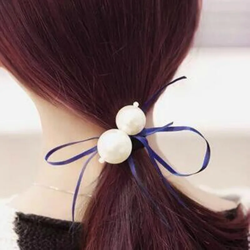 Hot Women Imitation Pearl Tiara Satin Ribbon Bow Hair Band Rope Scrunchie Ponytail Holder Gum For Hair Accessories Hairstyle