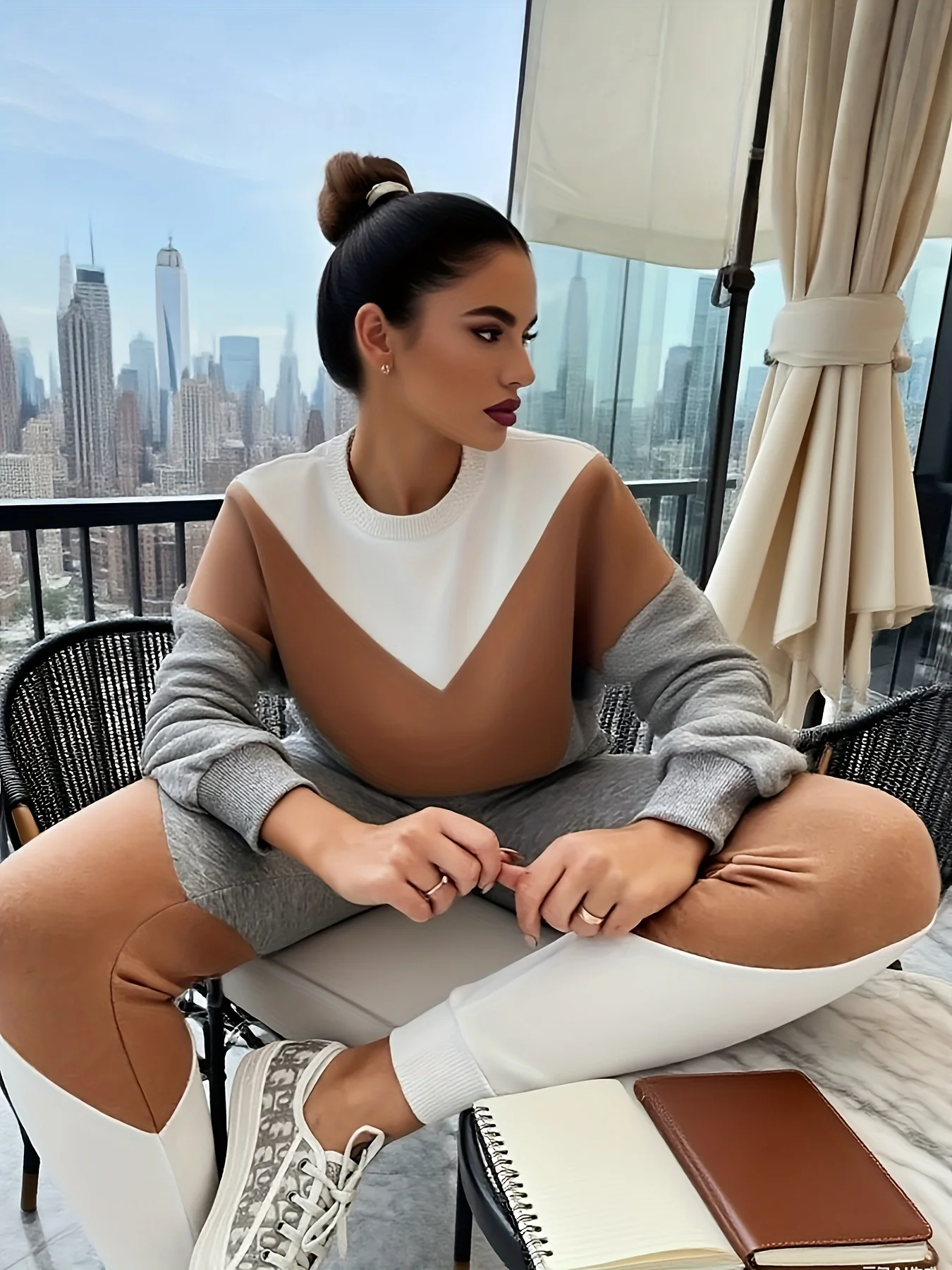 Ensemble décontracté à épissure de couleur pour femmes, sweat à capuche à motif géométrique gris et Beige avec pantalon à ourlet fendu, sport décontracté