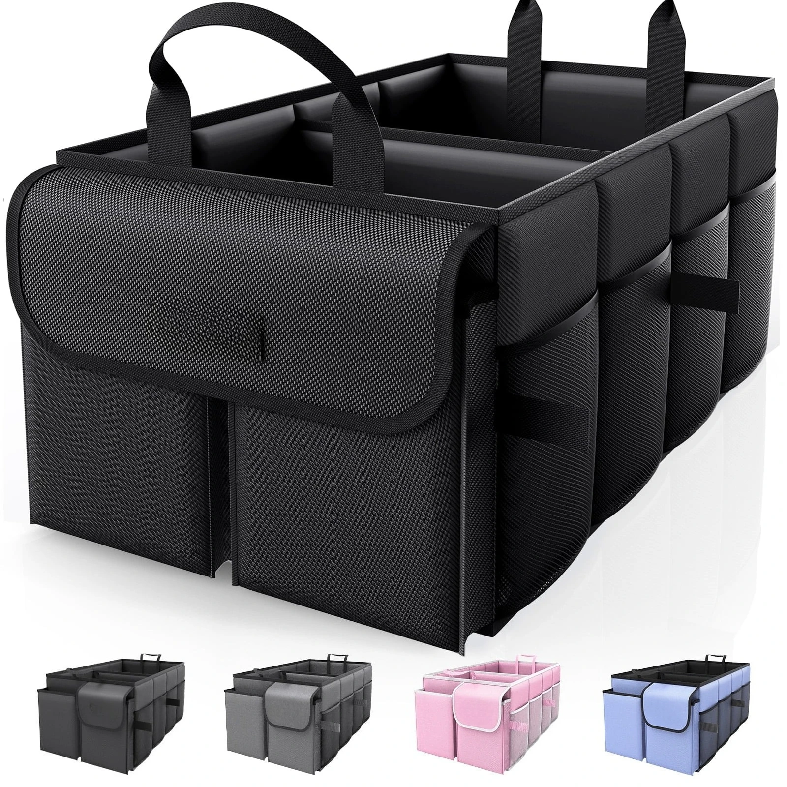 Large‑Capacity Car & SUV Trunk Organizer, Foldable Multi‑Compartment Black Cargo Storage Box for Auto Accessories, Tools & Sundries