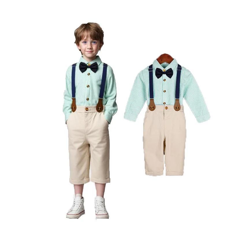 

Boys Shirt Suspender Pants Bowtie 4PCS Photograph Set Kids 1Year Birthday Baptism Wedding Suit Children Graduation Party Costume