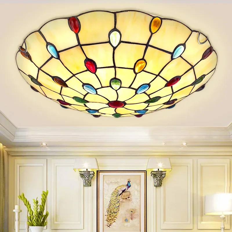 Nordic Tiffany Ceiling Lights Mediterranean Bohemian Luminaire Decoration for Living Room Bedroom Lamp Glass Lighting Fixtures