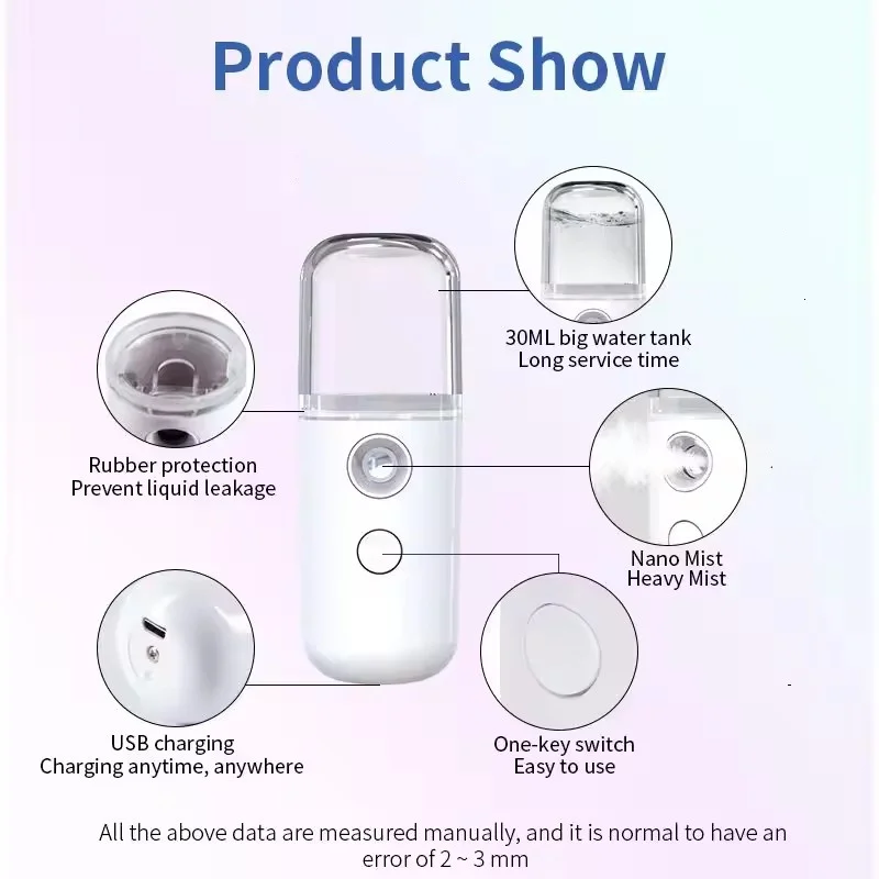 30ML Facial Steamer Persoonlijke Nano Sproeier USB Vernevelaar Mini Luchtbevochtiger Hydraterende Hydraterende Vrouwen Schoonheid Huidverzorging Tool