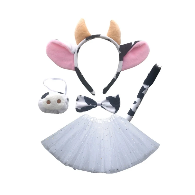 1/4/5pcs Cow Costumes for Kids-Cow Ears Headband Tail Bowtie Tail Skirt Nose Gloves Animal Cosplay Accessories