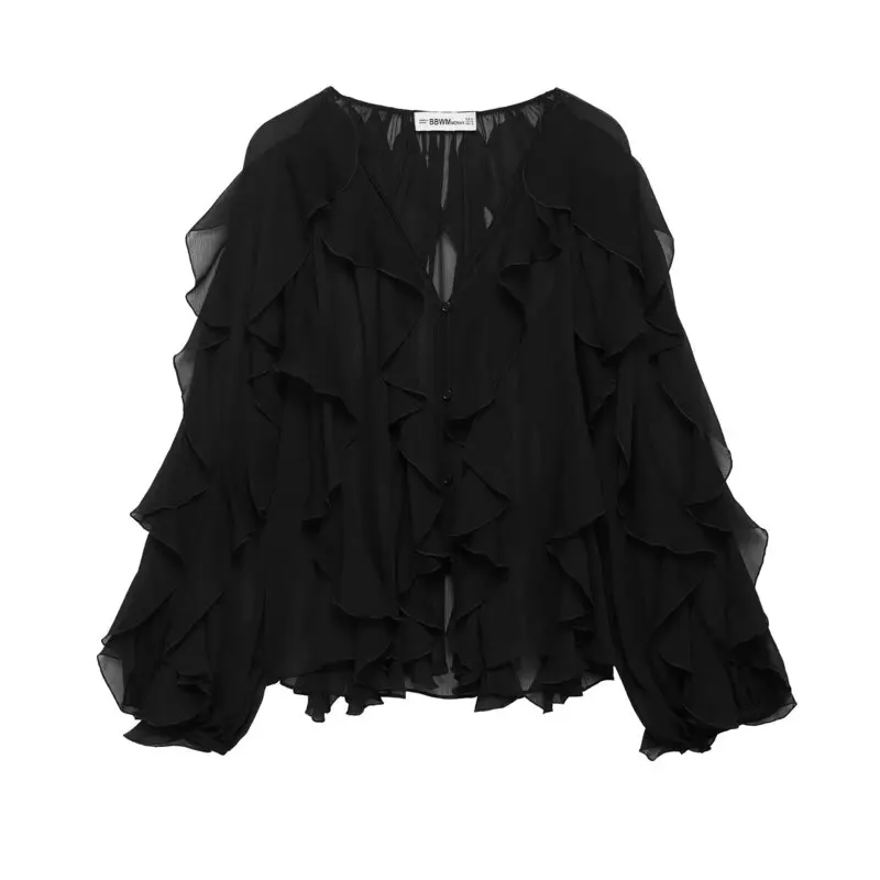 

Spring 2025 Women's Faion V-Ne Long Sve irt Versatile Layered Decoration New Arrival Versatile Sle Loose Fit irt