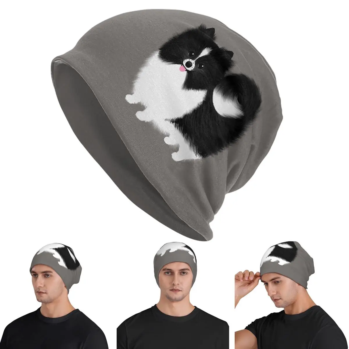 

Black And White Parti Pomeranian Fluffy Dog Skullies Beanies Hats Warm Autumn Winter Outdoor Cap Knitted Bonnet Caps for Unisex